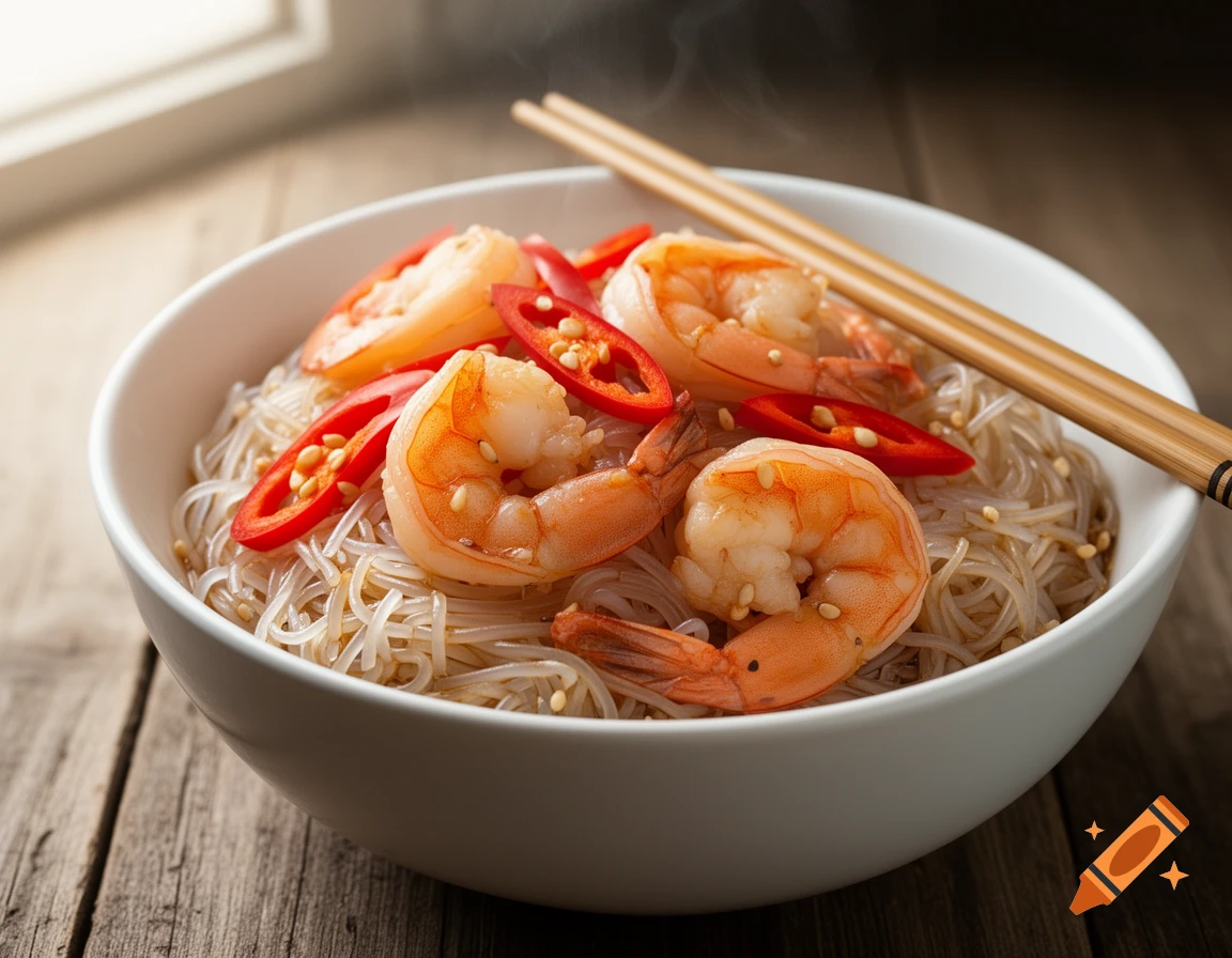 A close-up, photorealistic shot of a white bowl filled with rice noodles, large cooked shrimp, and sliced red chili peppers, with chopsticks resting on the rim, set on a rustic wooden table.