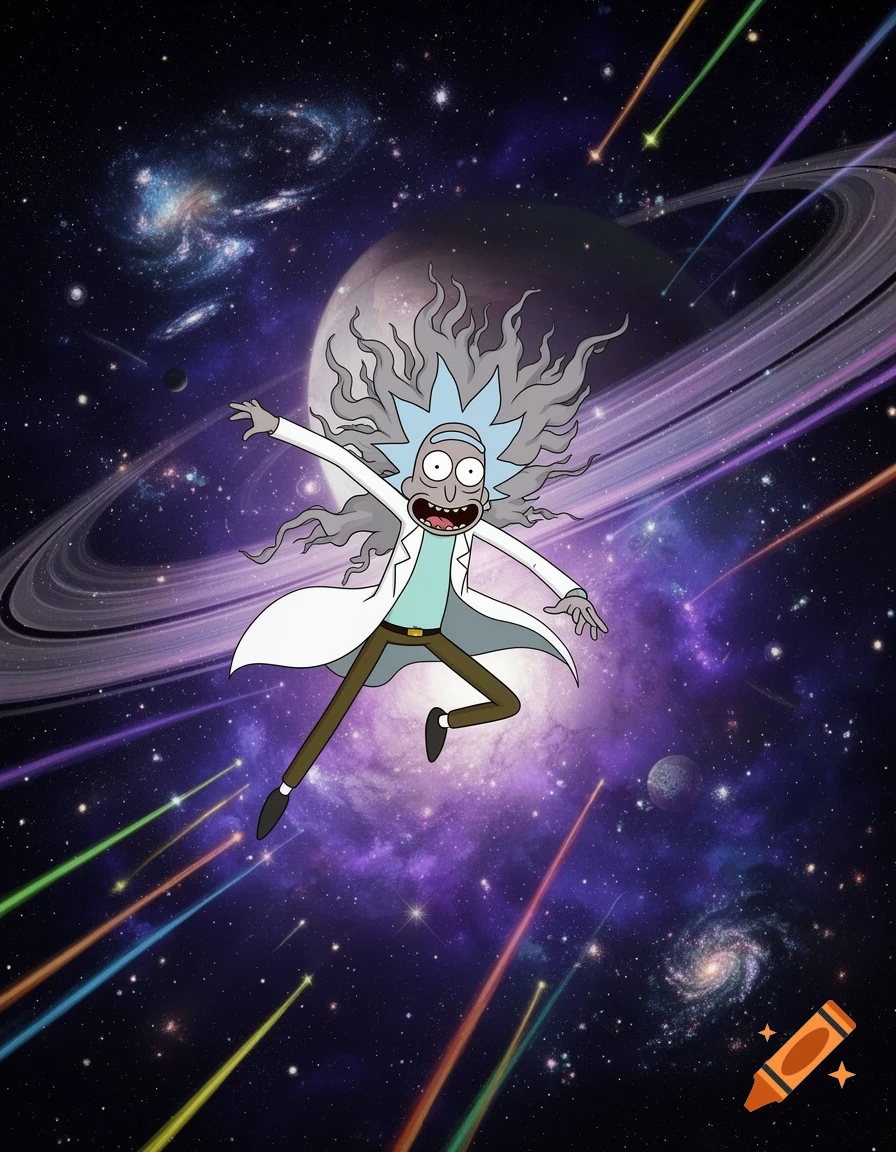 Rick Sanchez from Rick and Morty falls through a vibrant, star-filled galaxy with a ringed planet and colorful streaking lights.
