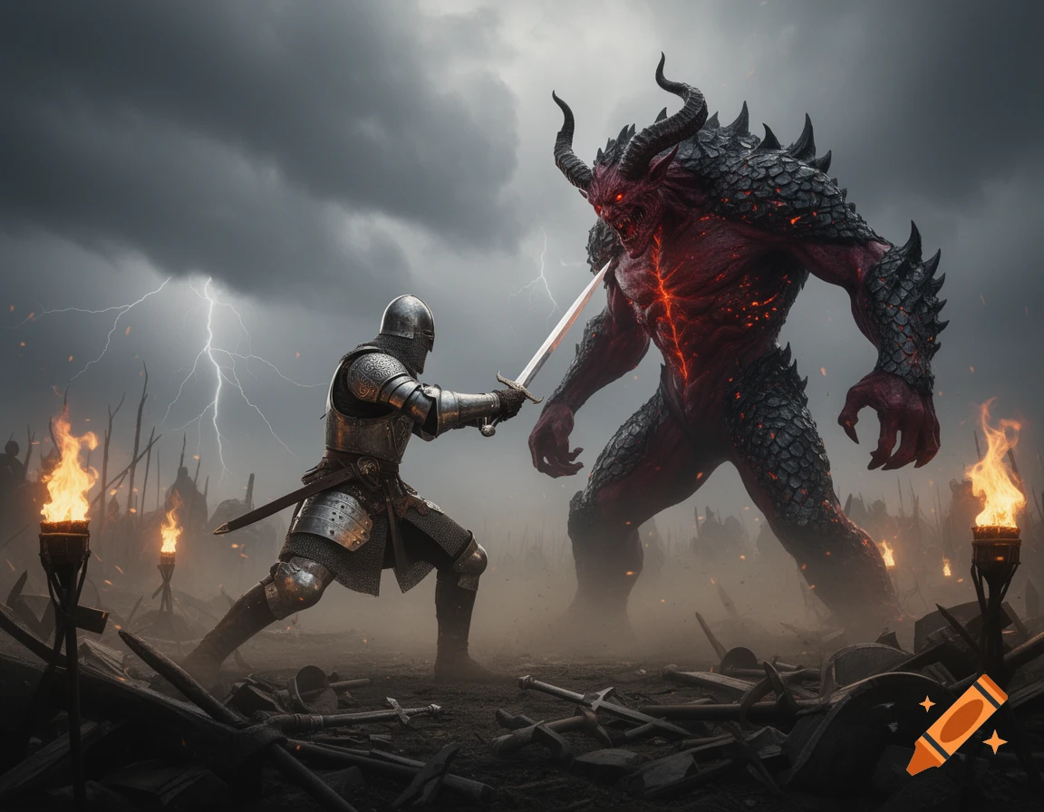 A knight battles a large red demon with glowing skin on a stormy battlefield with lightning and torches.