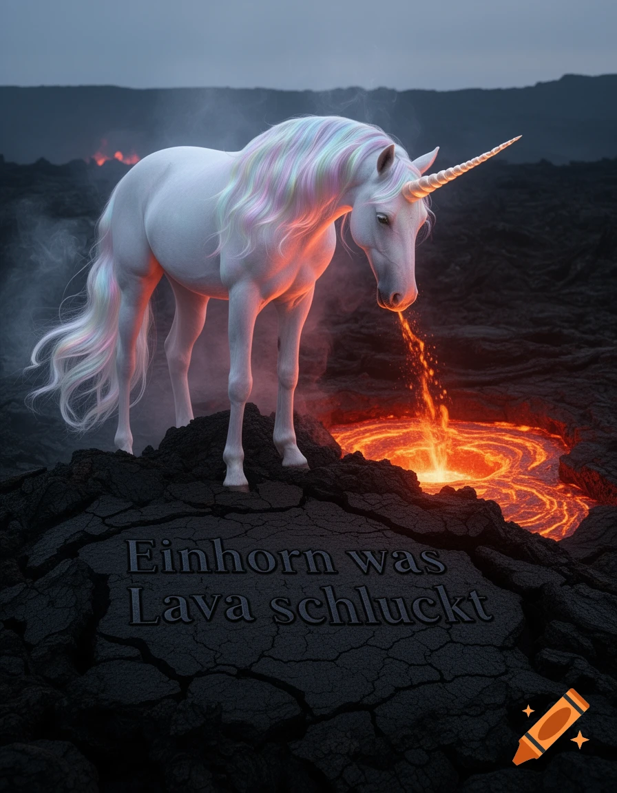 A photorealistic white unicorn with a rainbow mane drinks glowing lava from a pool on cracked volcanic ground. Text 'Einhorn was Lava schluckt' is carved into the rock.