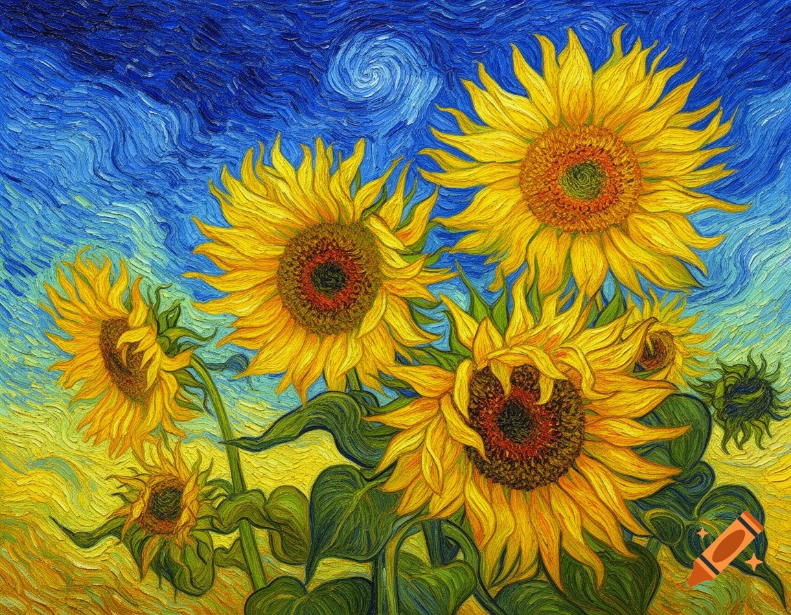 A vibrant Van Gogh-style painting of yellow sunflowers with green leaves under a swirling blue sky.