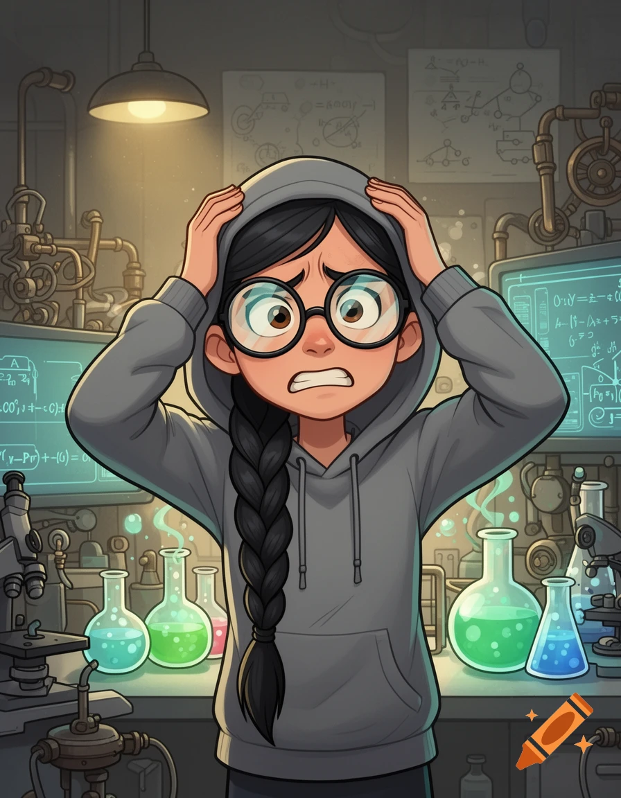 A cartoon scientist girl with glasses and a braid looks stressed, holding her head in a messy lab filled with beakers and equipment.