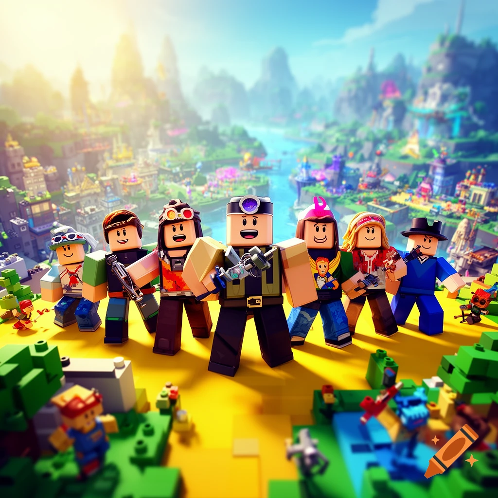 Six Roblox-style block characters stand in front of a vibrant, blocky fantasy landscape with a river.