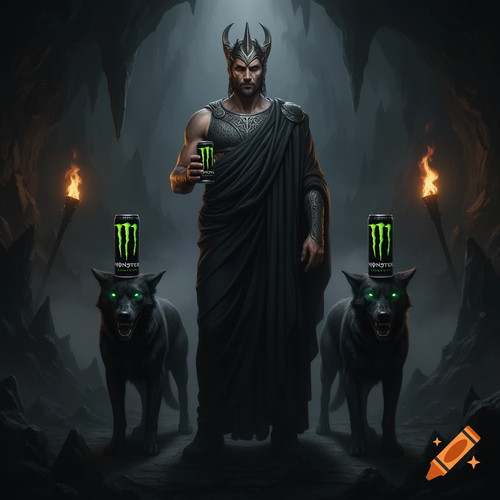 Hades, in horned crown and dark robes, holds a Monster Energy drink, flanked by two black wolves with glowing eyes, each balancing a Monster can on its head in a shadowy cave.