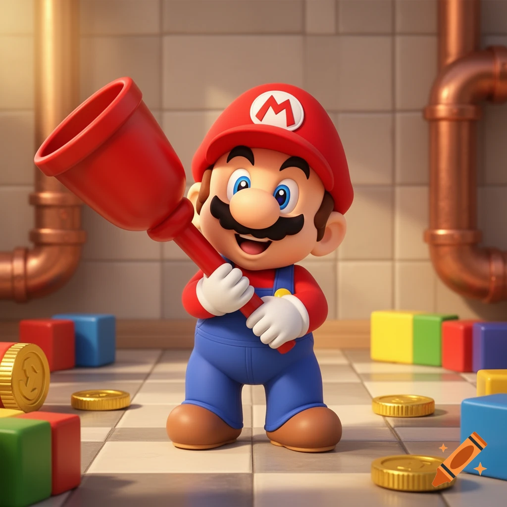 Baby Mario, a cheerful cartoon character, holds a red plunger amidst colorful blocks and golden coins on a tiled floor.