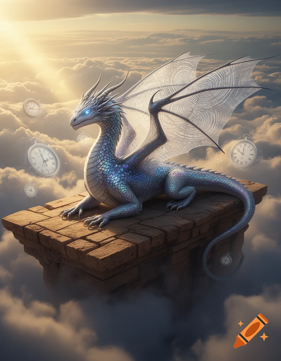 A majestic blue and white dragon with glowing eyes and large, clear wings rests on a stone platform above the clouds, surrounded by floating pocket watches, under a golden sky.