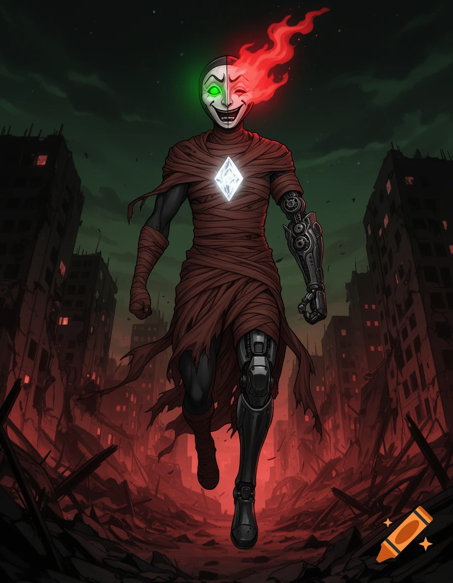An anime-style character with a split comedy/tragedy mask, green and red glowing eyes, red flames from the right eye, and a glowing crystal in the chest, stands in a destroyed city. The figure wears tattered brown bandages over a dark suit, with a robotic right arm and left leg prosthetic.