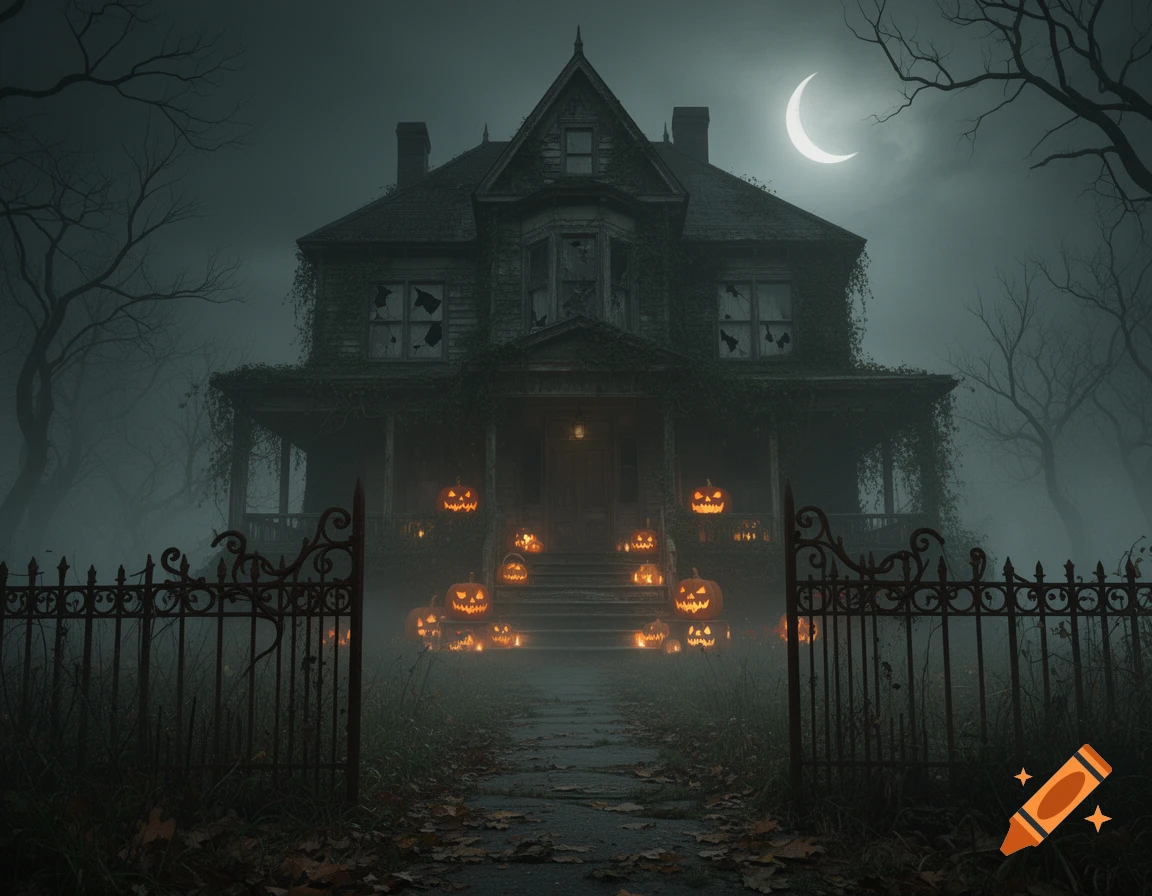 An eerie, overgrown haunted house with broken windows and glowing jack-o'-lanterns on its steps, under a crescent moon in a misty, dark night.