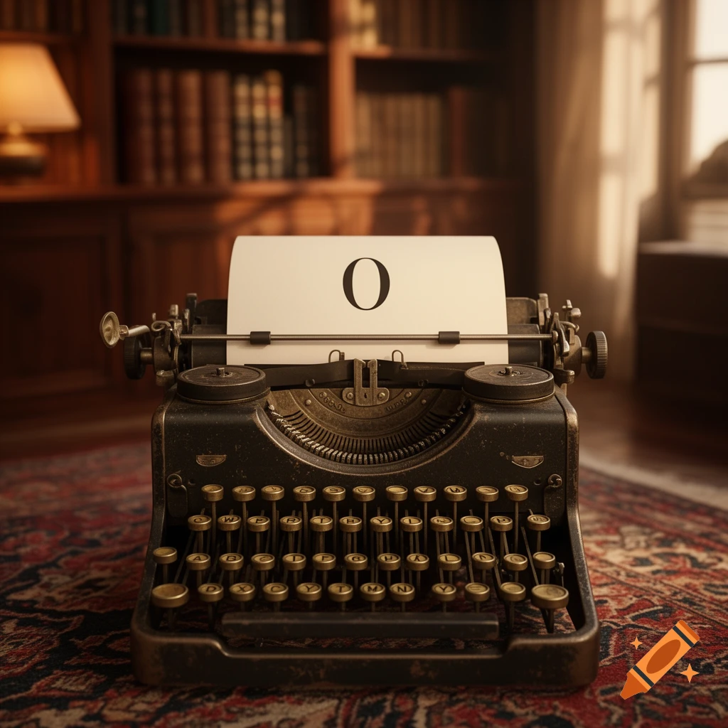 A vintage black and gold typewriter with a sheet of paper showing the letter 'O', set in a warm, dimly lit library with bookshelves and a rug.