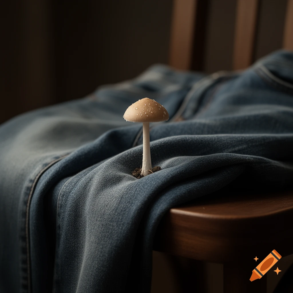 A photorealistic image of a tiny light-brown mushroom with water droplets, growing out of a fold in blue denim jeans.