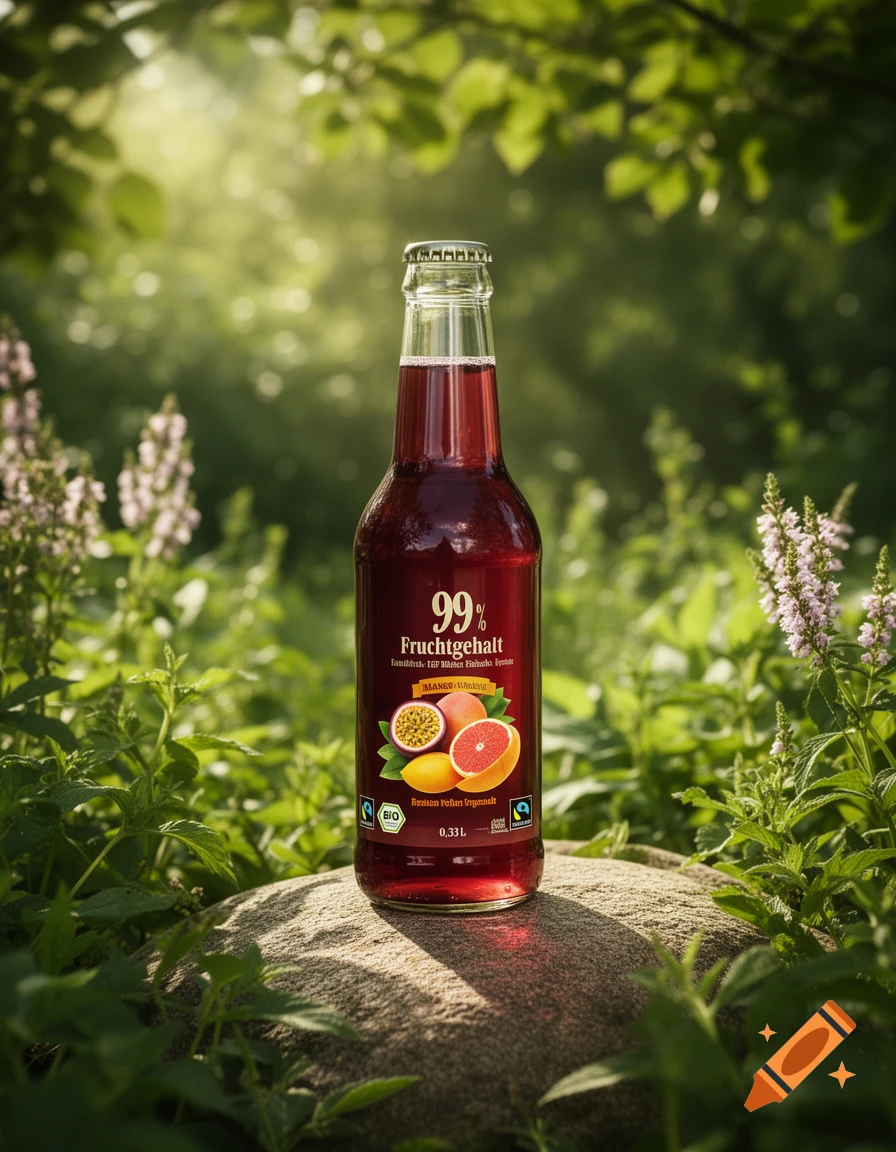 A photorealistic bottle of red fruit drink with a label showing mango, passionfruit, and grapefruit, on a rock in a lush green natural environment.