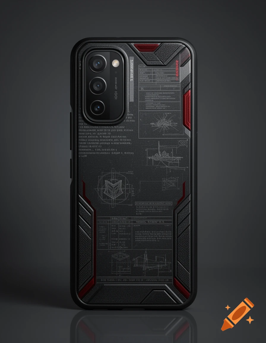 A black and red rugged smartphone case with intricate white technical blueprint-like diagrams and text covering its back.