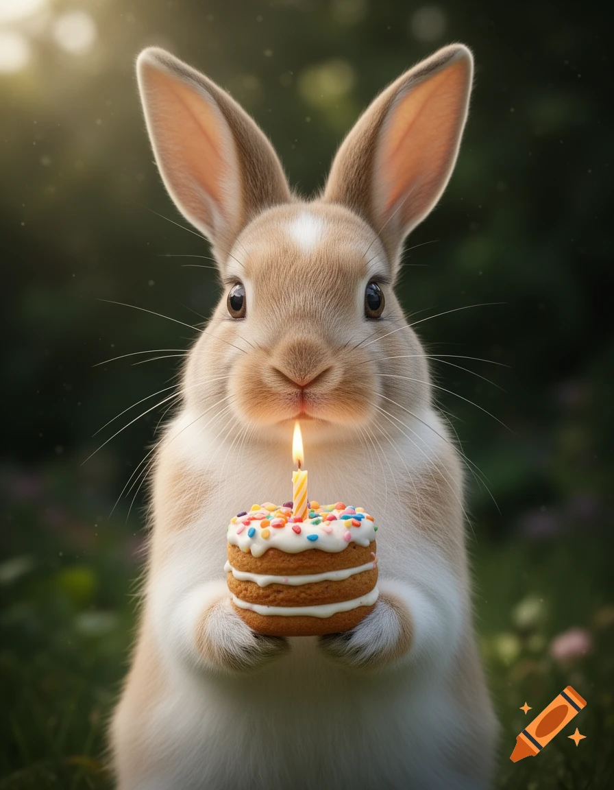 A cute brown and white rabbit holds a tiny birthday cake with a lit candle and colorful sprinkles, outdoors.