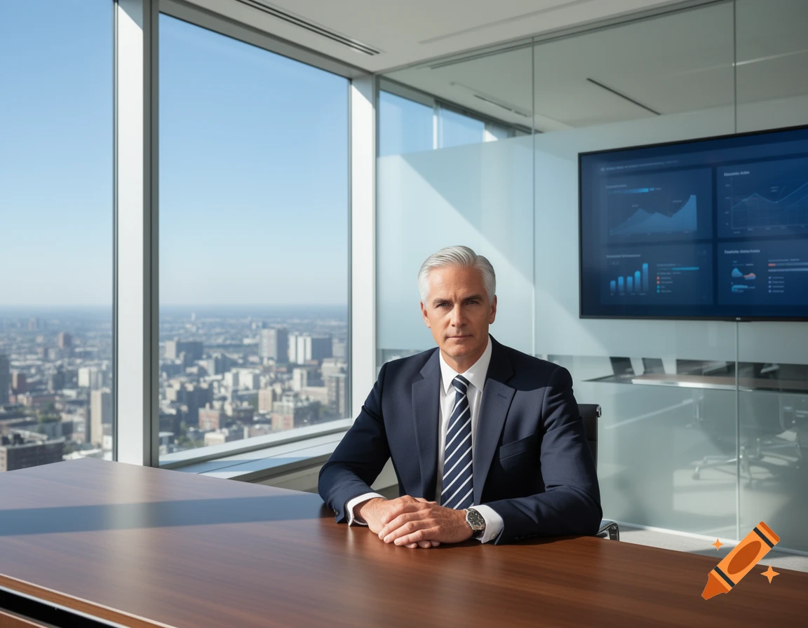 A distinguished silver-haired CEO sits at a polished desk in a modern high-rise office with a city view.