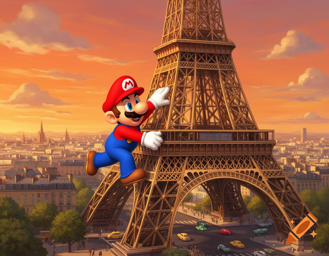 Super Mario enthusiastically climbs the side of the Eiffel Tower, overlooking a Parisian cityscape at sunset in a vibrant cartoon style.