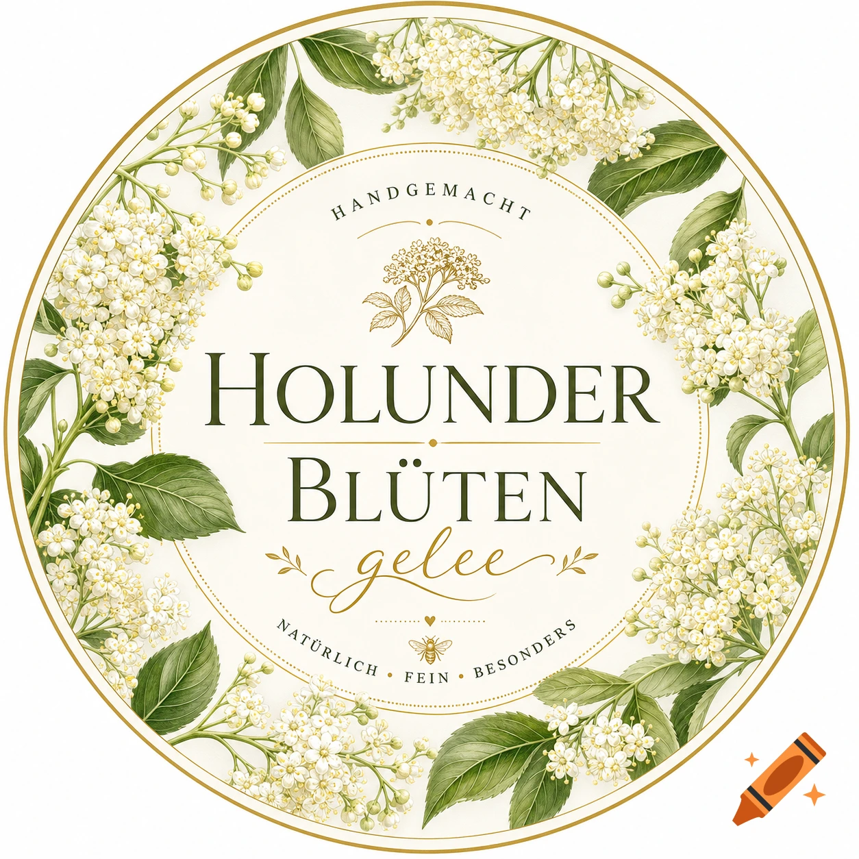 A round cream-colored logo label with a golden border, featuring white elderflower blossoms and green leaves. The text reads 'HOLUNDER BLÜTEN gelee', 'HANDGEMACHT', 'NATÜRLICH • FEIN • BESONDERS'.