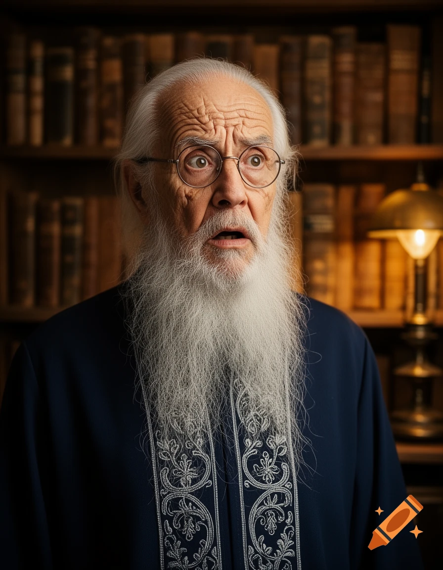 A photorealistic portrait of an old man with a long white beard and glasses, looking confused in a library.