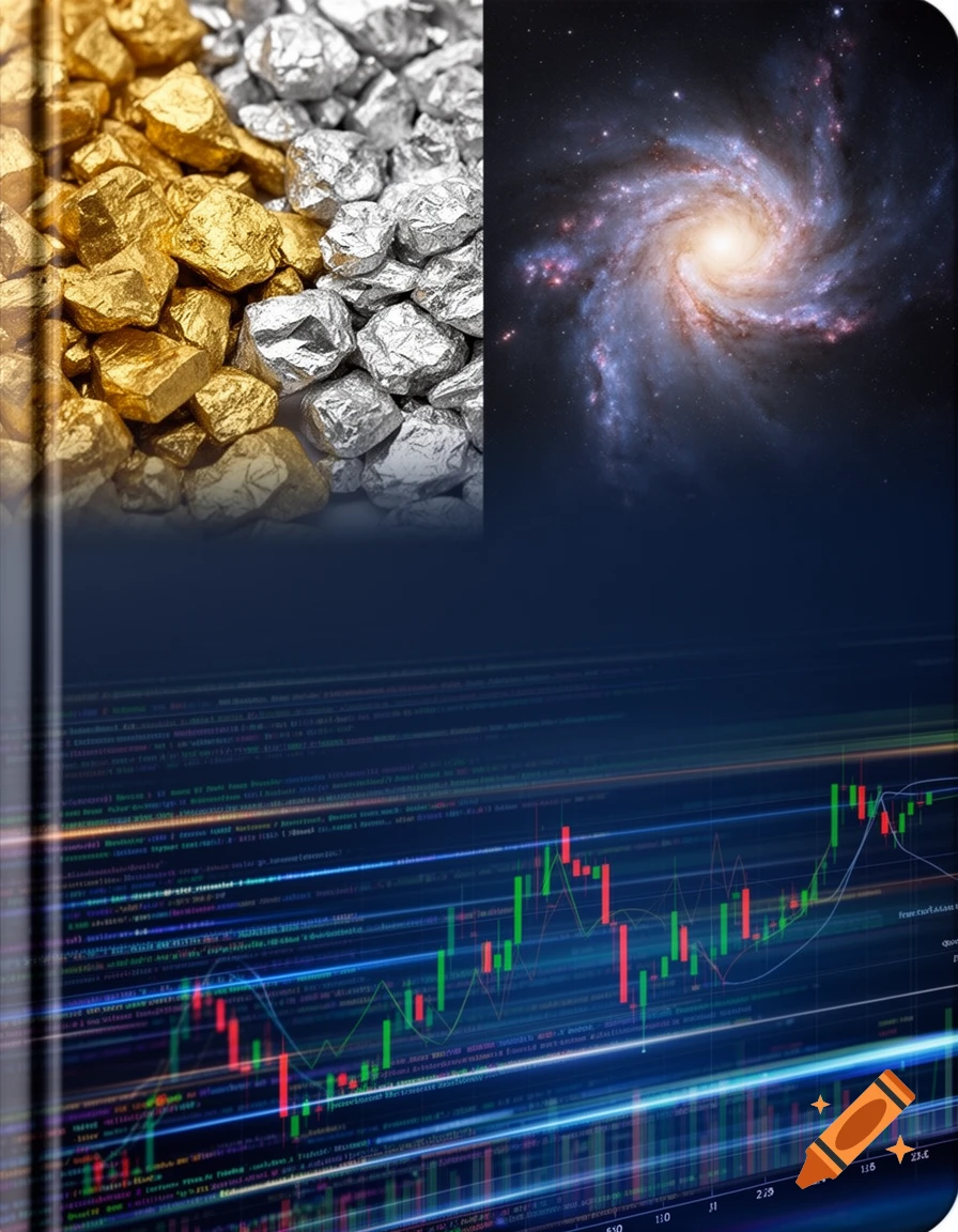 A dynamic notebook cover with a split top showing gold and silver nuggets on the left and a spiral galaxy on the right. The bottom features a candlestick chart over digital code.