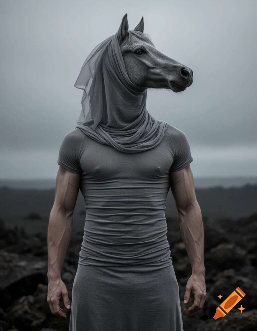A muscular figure with a horse head draped in grey cloth stands in a desolate, rocky landscape under a grey sky.