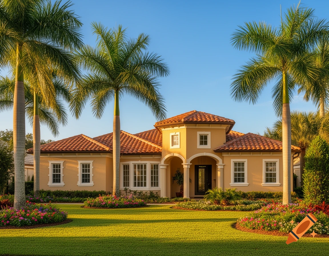 A beautiful suburban home with a terracotta roof, palm trees, a green lawn, and flowers under a blue sky.