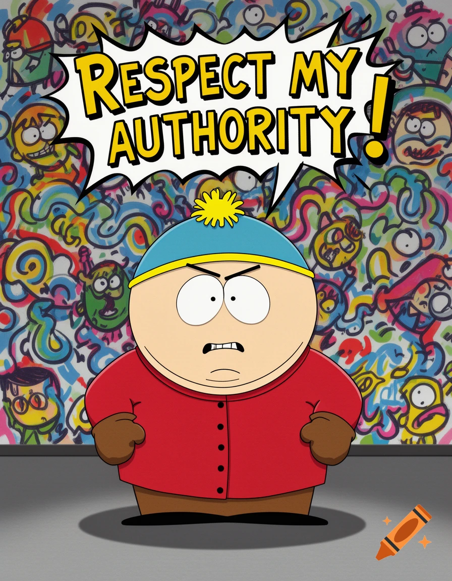 Eric Cartman angrily stands with hands on hips, shouting "Respect my authority!" in a speech bubble, against a colorful, abstract background.
