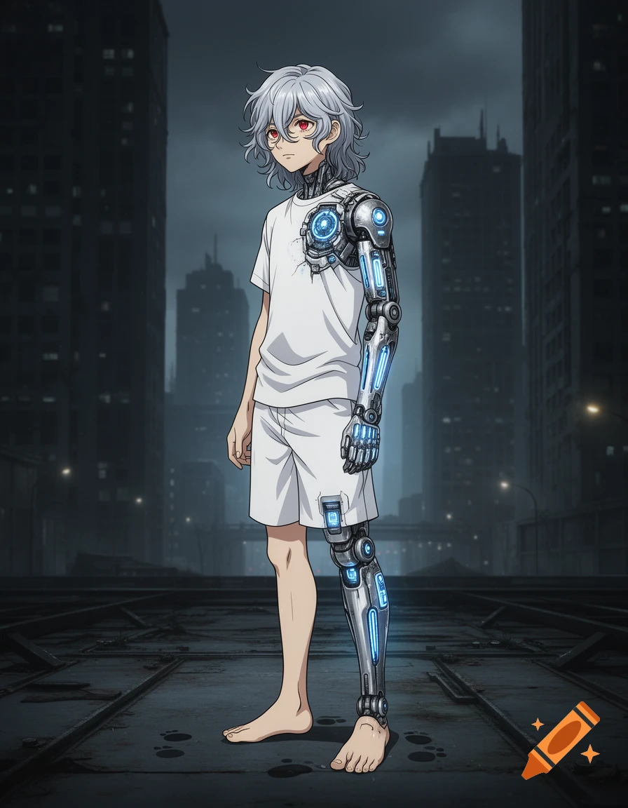 An anime teenager with silver hair, red eyes, and cybernetic right arm, left leg, and chest stands barefoot in a dark city.