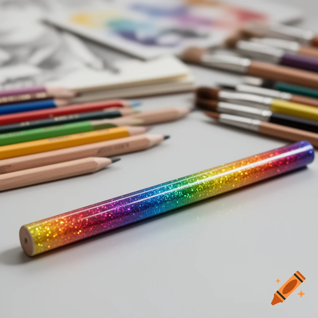 Close-up of a glittery rainbow pencil on a grey surface, with blurred colored pencils and paintbrushes behind it.
