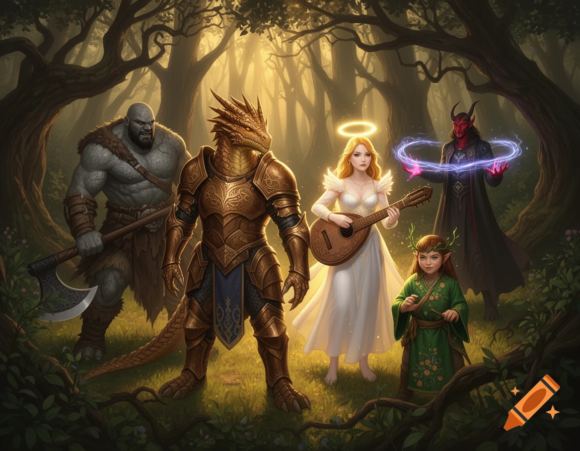 A diverse fantasy adventuring party stands in a sunlit forest. From left to right: a muscular goliath barbarian with an axe, a golden-armored dragonborn paladin, an angelic aasimar bard with a halo playing a lute, a small gnome druid, and a red-skinned Tiefling sorcerer conjuring magic.
