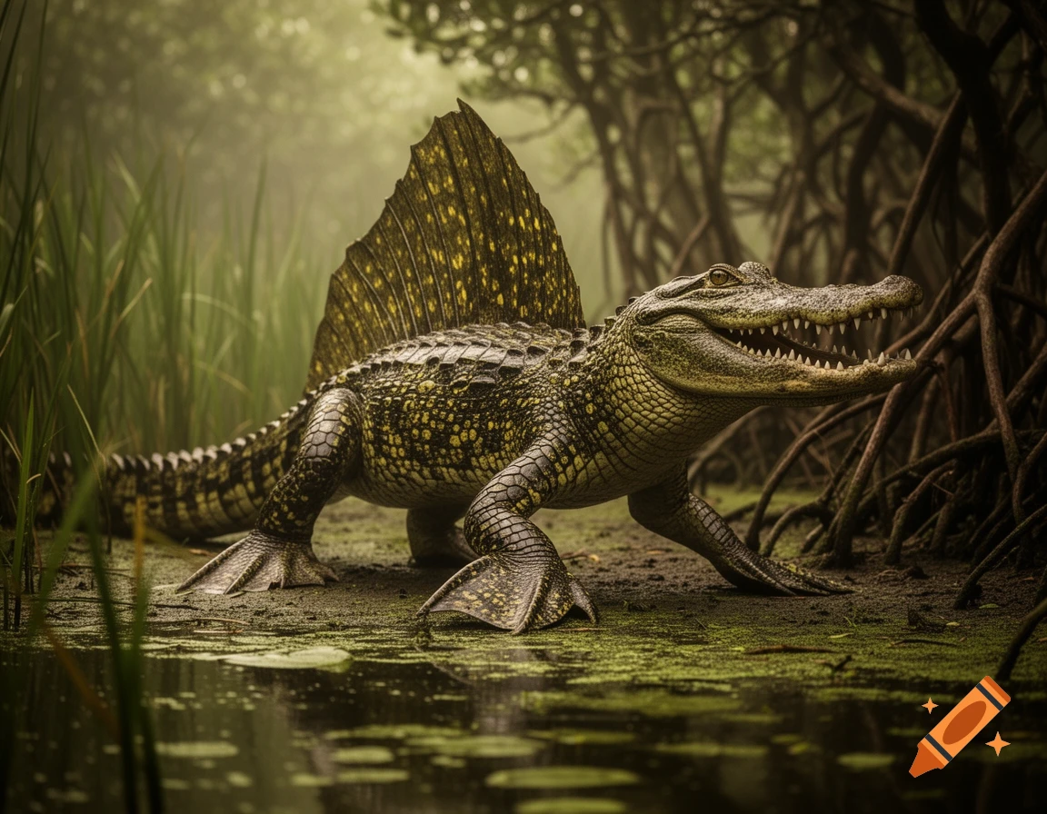 A photorealistic sail-backed crocodilian with webbed feet in a misty, overgrown swamp environment.