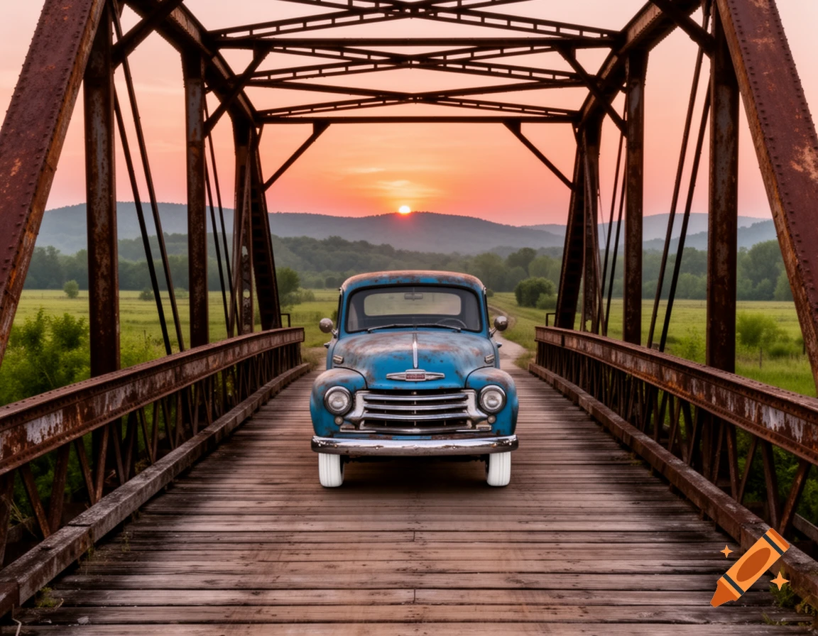 A blue vintage truck parked on an old, rusty iron bridge at sunset, surrounded by green hills.