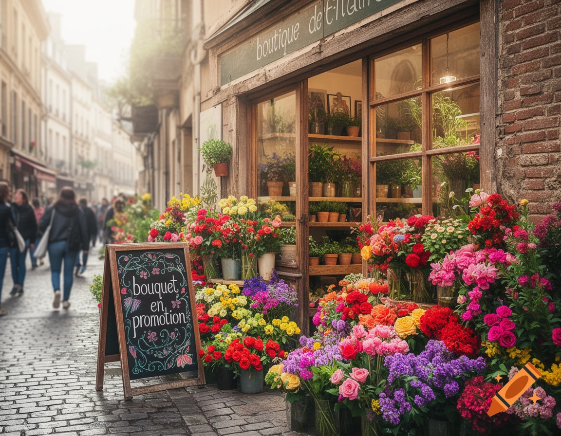 A vibrant flower shop on a charming European cobblestone street, brimming with colorful blooms and a chalkboard sign.