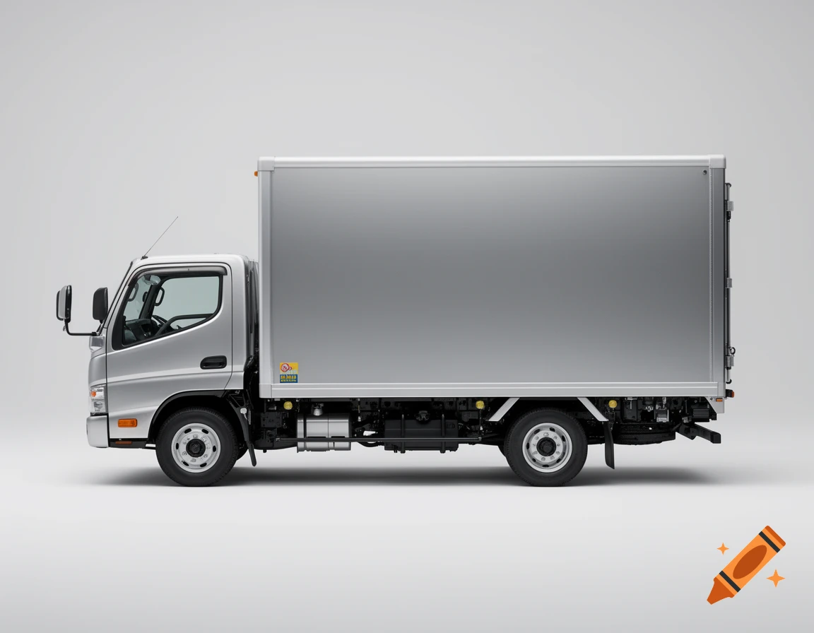 Photorealistic side profile of a silver Japanese medium-duty box truck on a neutral studio background.