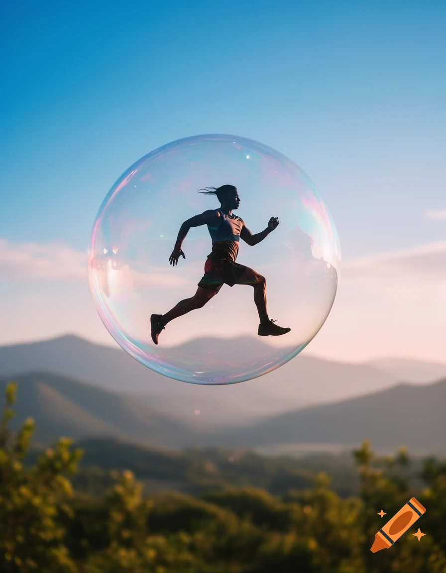 Silhouette of a person running inside a large, iridescent bubble floating above a mountainous landscape under a clear sky.