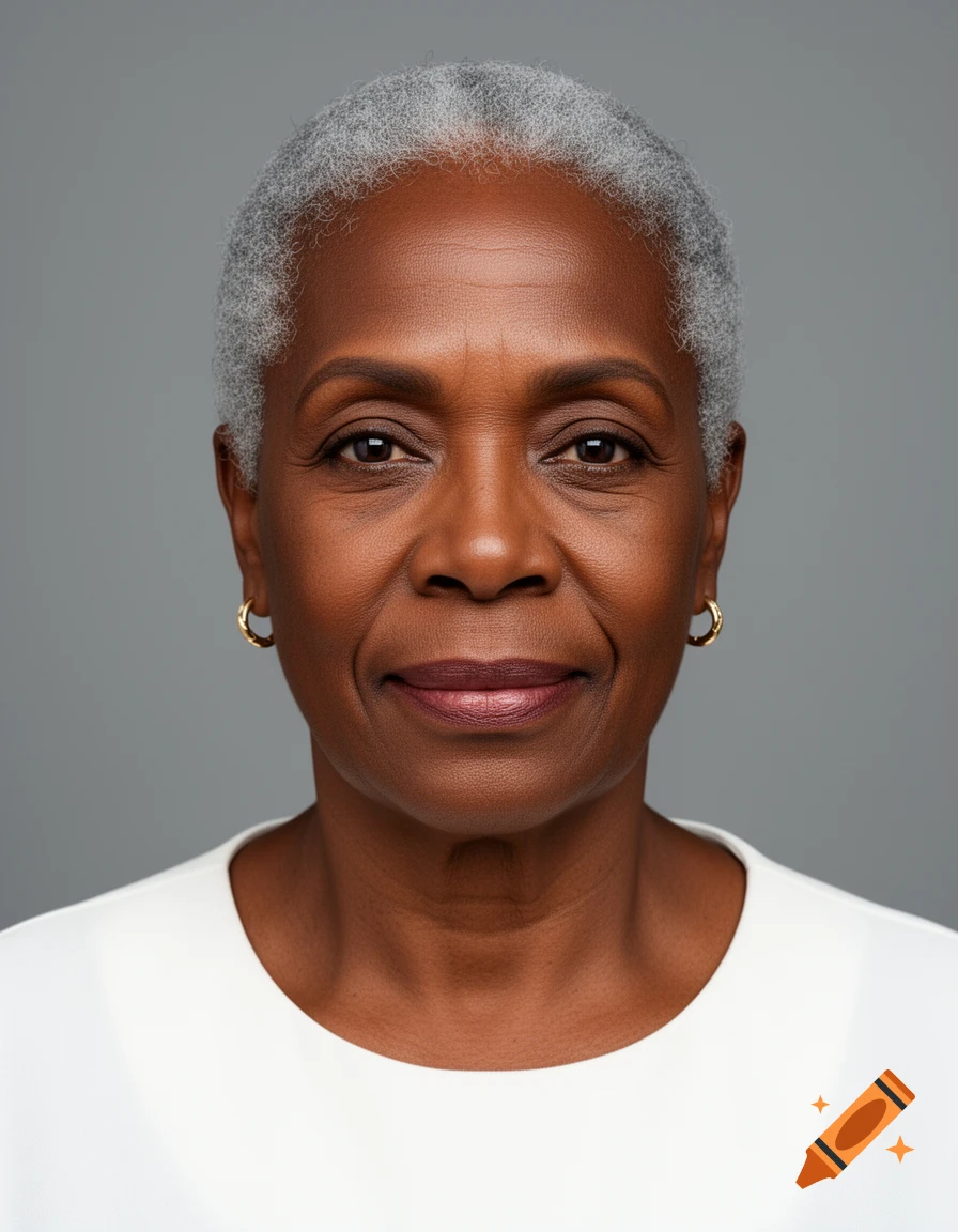 Photorealistic portrait of an older Afro-Colombian woman with short gray hair, wearing a white top, against a gray background.