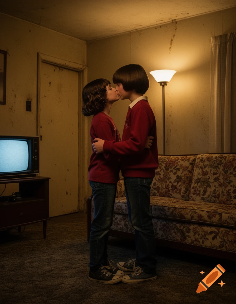 Eleven and Will Byers from Stranger Things share a kiss in a dimly lit, vintage living room with a TV and floral couch.