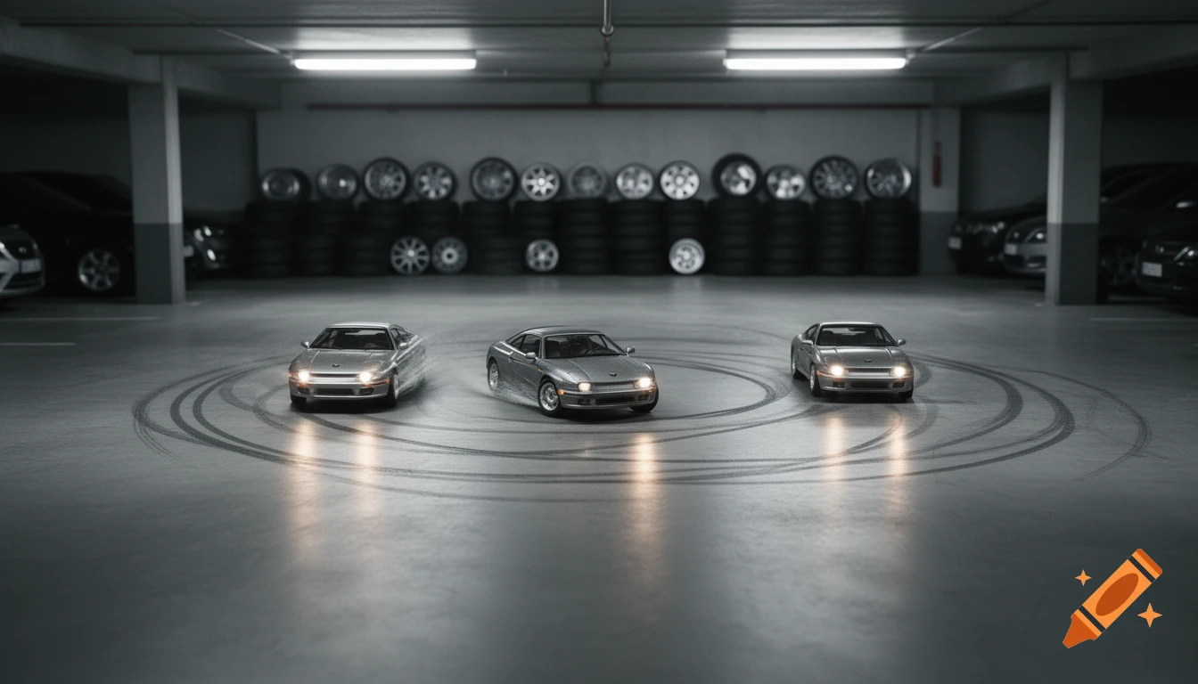 Three silver scale model cars drift, leaving tire marks on the concrete floor of a dimly lit parking garage with stacked tires in the background.