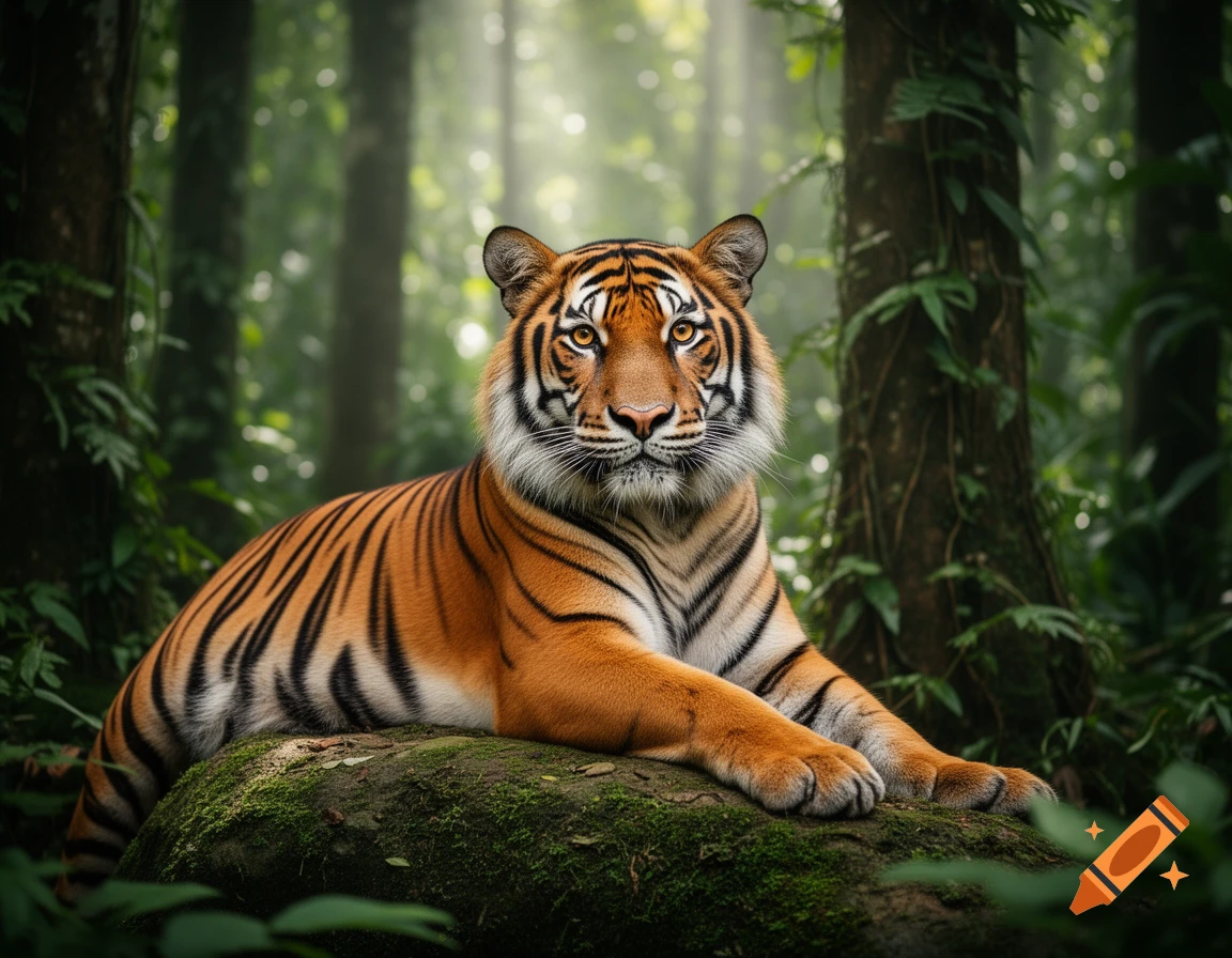 A majestic Sumatran tiger with orange and black stripes lies on a mossy rock in a lush, sunlit green forest.