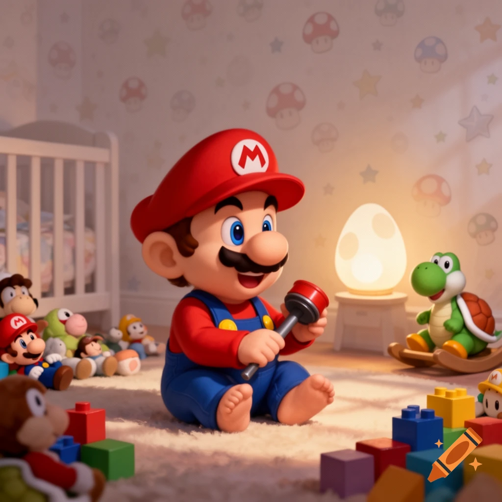 Baby Mario sits on a rug in a nursery with toys, holding a small plunger. Yoshi and other character toys are nearby.