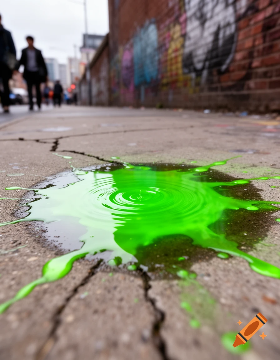 A vibrant green puddle with ripples on a cracked concrete sidewalk in an urban setting with blurred people and graffiti in the background.