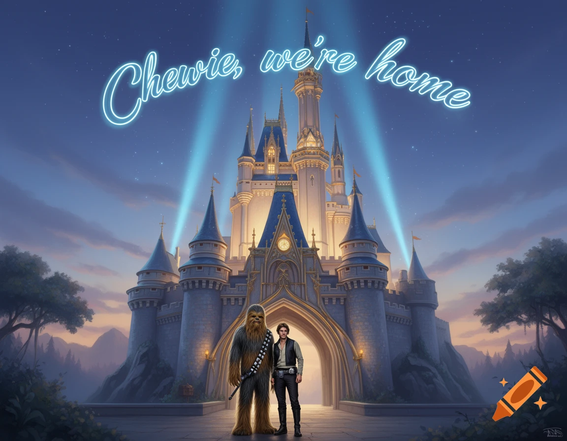 Chewbacca and Han Solo stand before a Disney-style castle under neon text 'Chewie, we're home' at dusk.