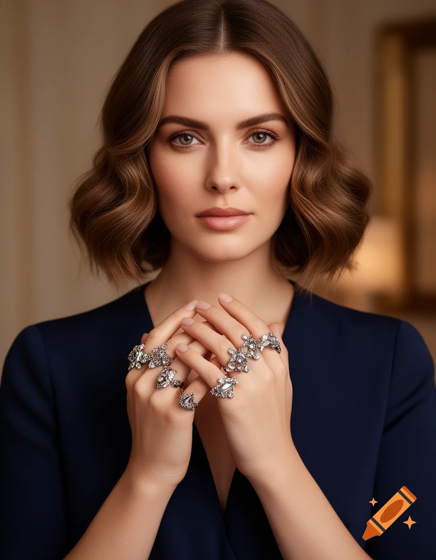 Photorealistic portrait of a woman with dark wavy hair and rings on her clasped hands, wearing a dark blue dress.