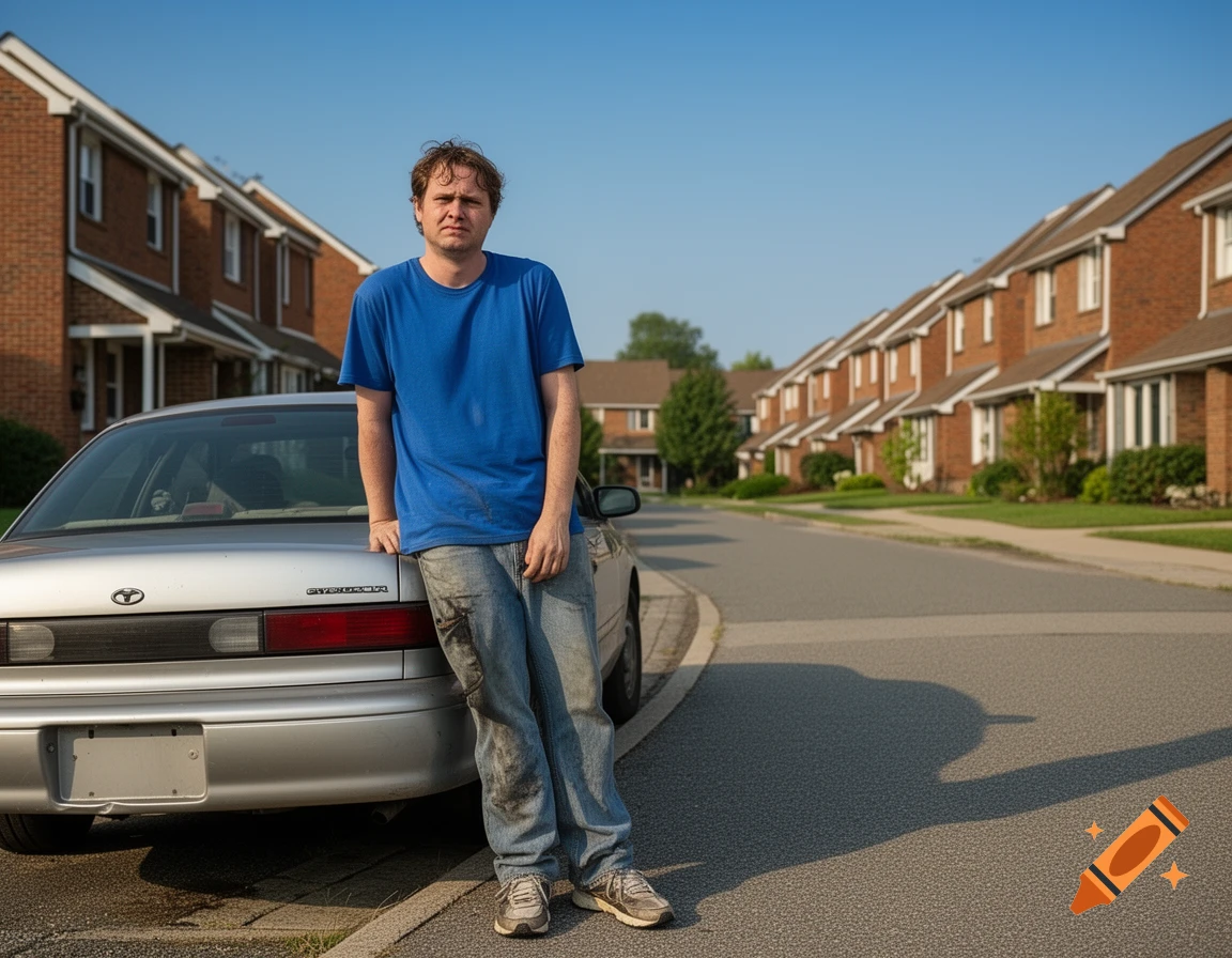 A man in a blue t-shirt and dirty jeans leans against a silver car on a street lined with brick townhouses.