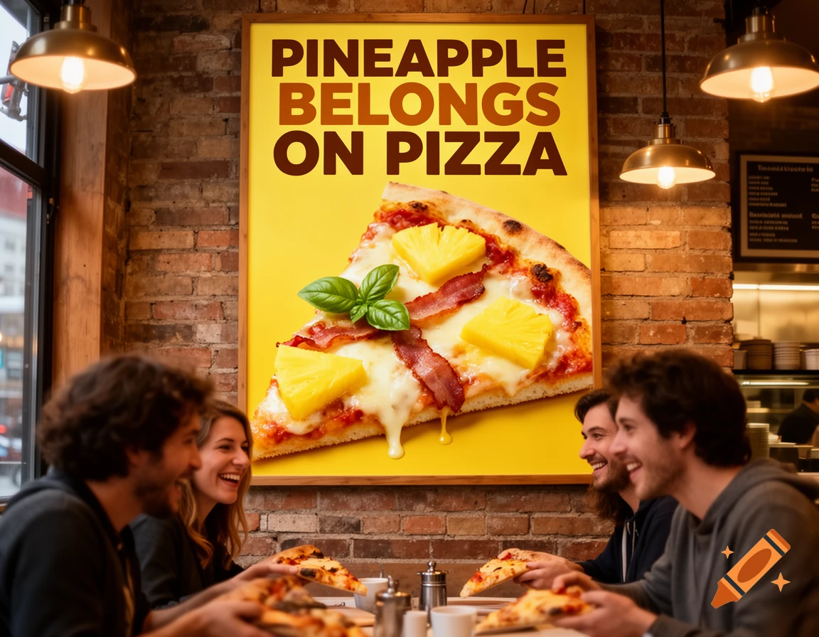 Four friends eat pizza in a brick-walled restaurant with a large yellow poster saying 'PINEAPPLE BELONGS ON PIZZA' behind them.