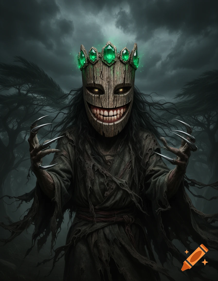 A dark fantasy warlock with a creepy wooden mask featuring glowing eyes and human teeth, wearing tattered clothes and sharp claws, set against a stormy, dark background.