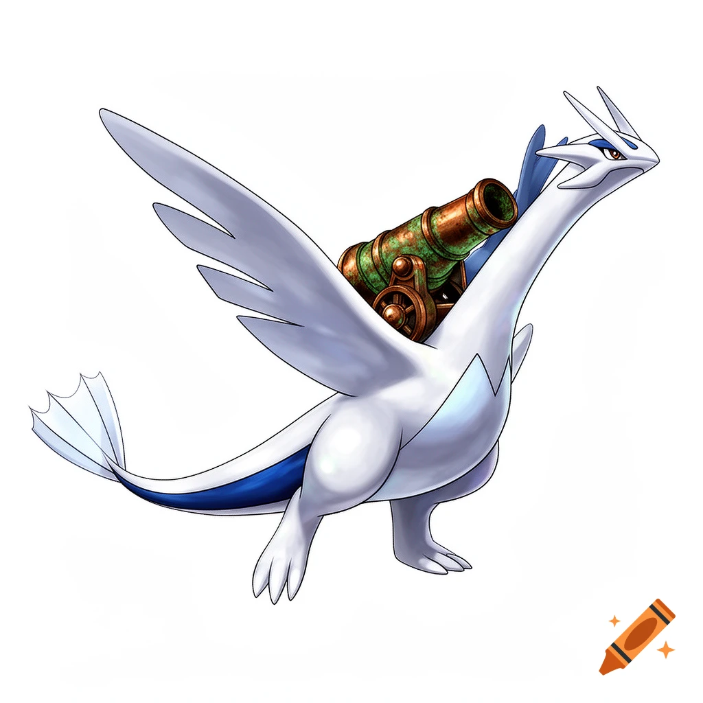 A white and blue Lugia-inspired Pokémon with a green antique cannon on its back, in Ken Sugimori artwork style.