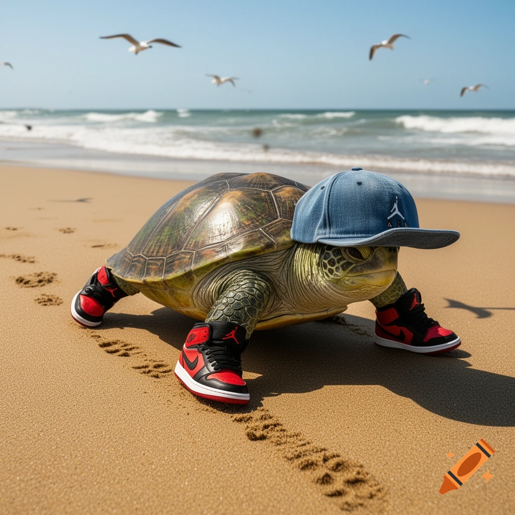 A photorealistic turtle on a sandy beach wears a denim baseball cap sideways and red and black sneakers, leaving footprints.