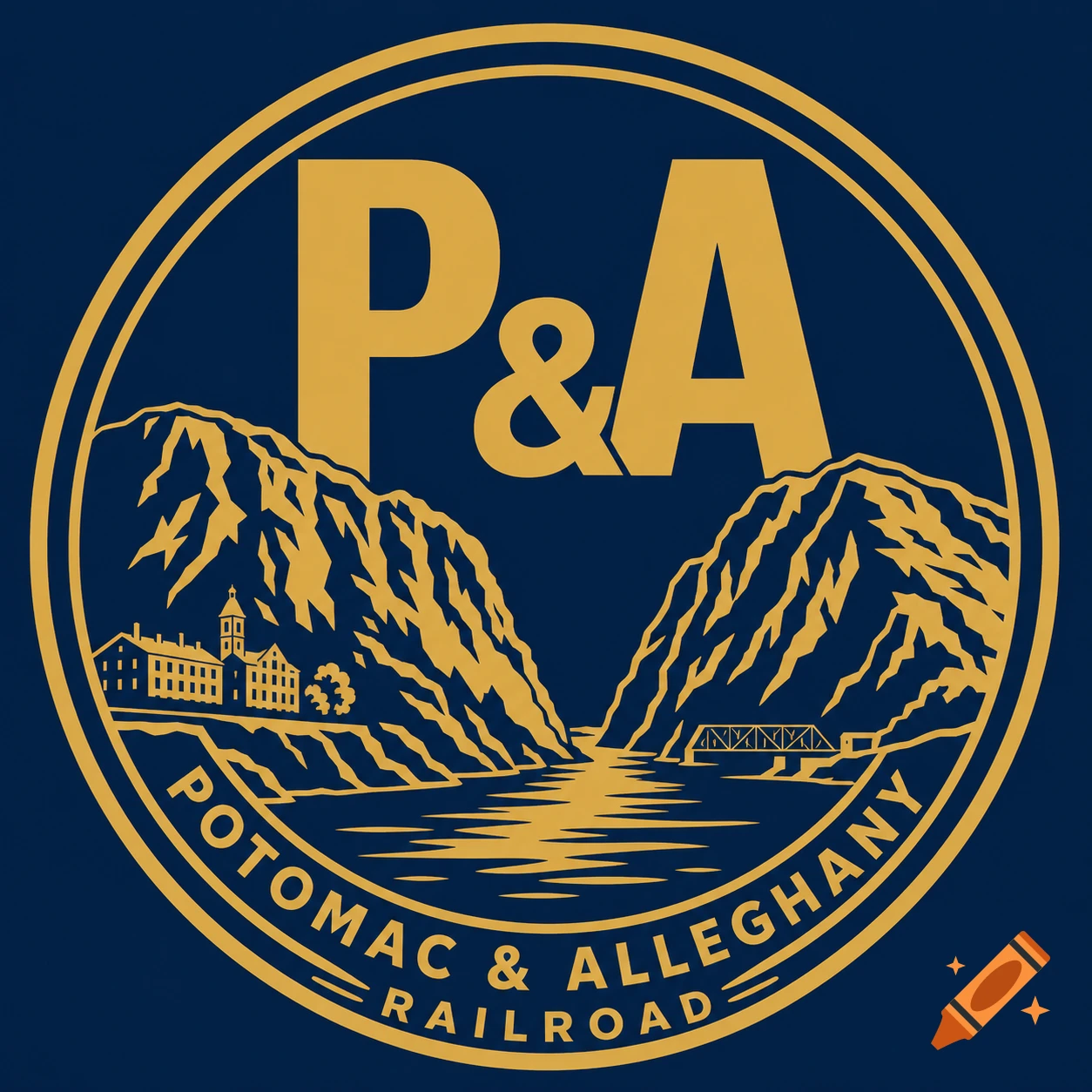 Circular gold and blue railroad logo with mountains, a river, bridge, and town. Text reads 'P&A' and 'Potomac & Alleghany Railroad'.