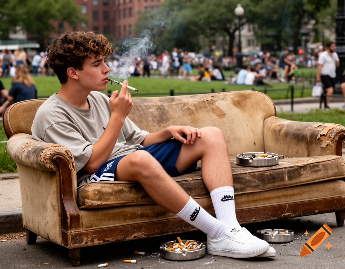 A young man with curly hair sits on a worn couch in an urban park, smoking a cigarette, surrounded by full ashtrays and discarded cigarette butts. He wears a grey t-shirt, blue shorts, white Nike socks, and white Adidas slip-on shoes.
