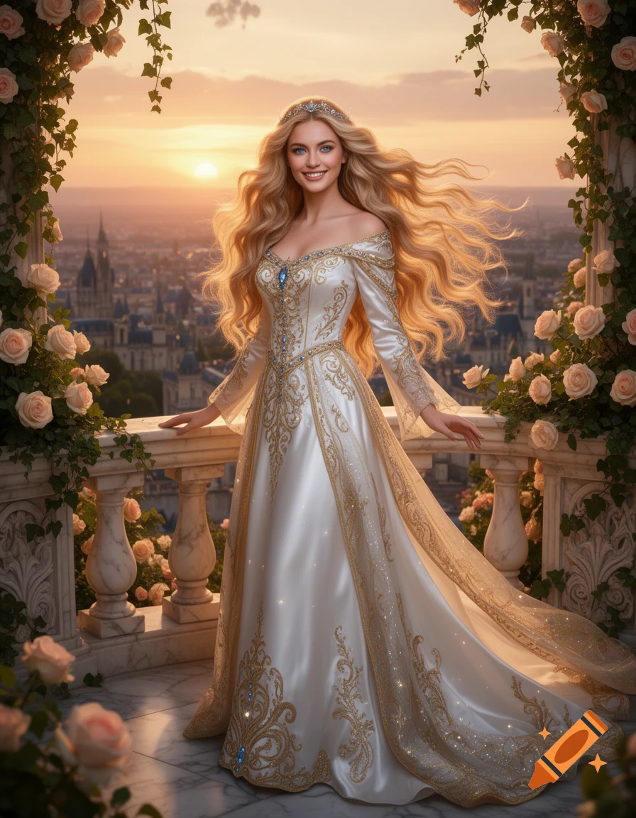 Smiling fantasy princess in a white and gold gown on a rose-adorned marble balcony overlooking a kingdom at sunset.