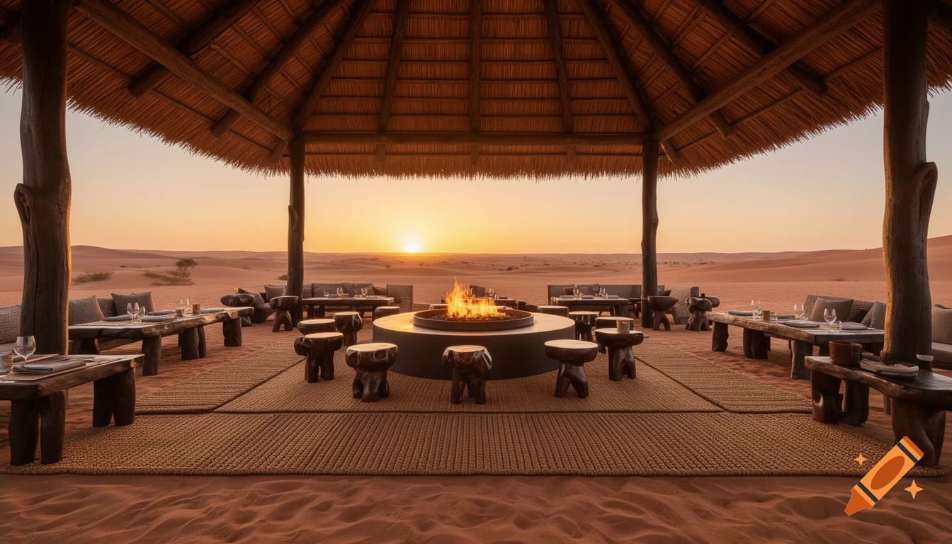 A luxury outdoor lounge with a thatched roof and fire pit at sunset in a vast desert, photorealistic.
